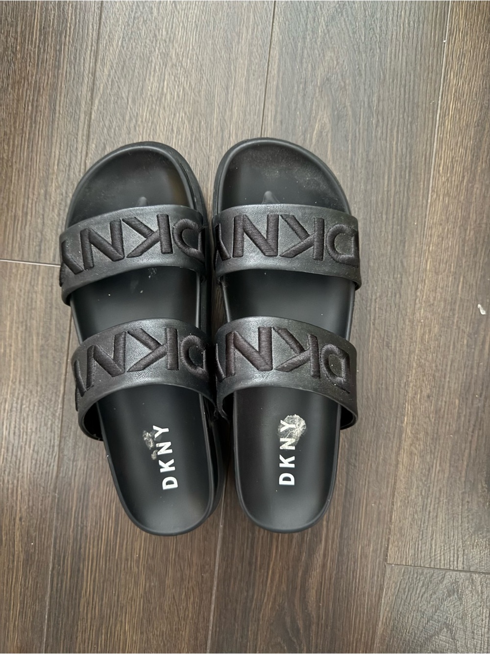 DKNY Black Double-Strap Logo Slide Sandals